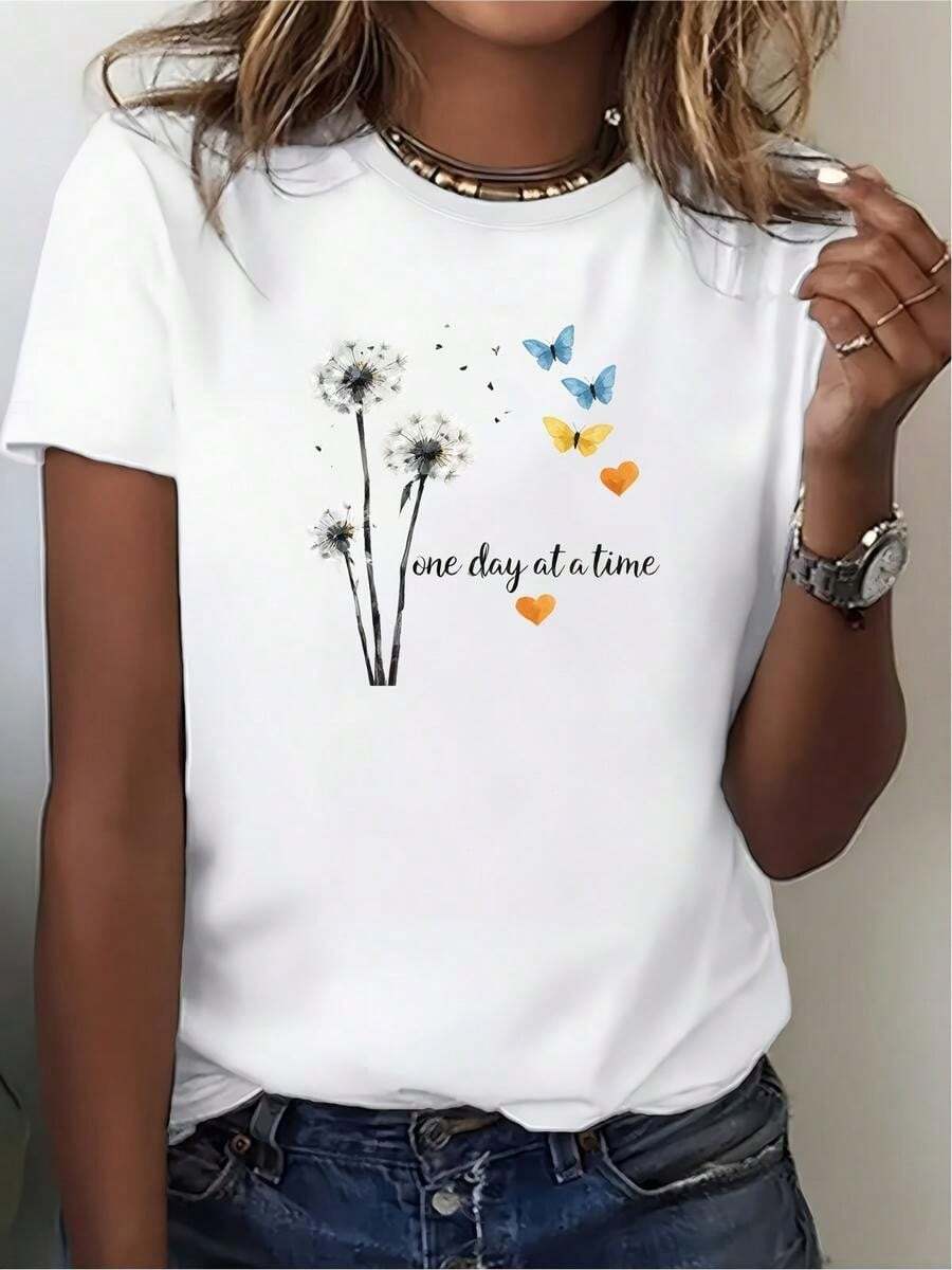 1 pieza de playera corta 100% algodón, cuello redondo casual con estampado, mariposa de papallones y corazón, manga corta transpirable para uso diario - Blanco - Ver 1