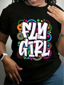 Ropa de mujer a la moda, camiseta casual de manga corta con estampado de círculos coloridos "Flying Girl".Ropa deportiva casual para el día a día y para vacaciones, sencilla y elegante. - Negro - Ver 1