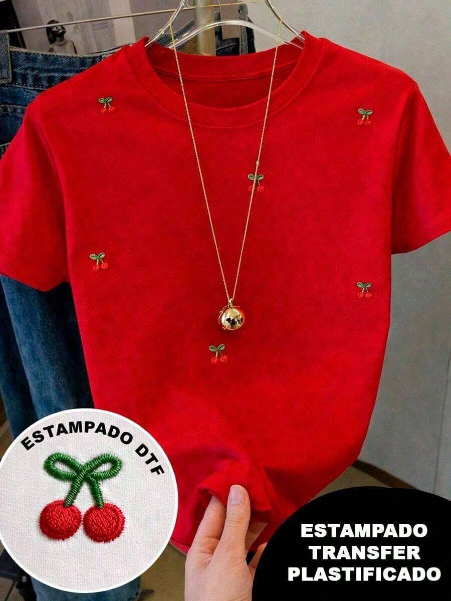 T-Shirt With A Red Cherry Design, Embroidered Style But Printed, Colorful, Casual, Modern, Round Neck, Short Sleeves, Ideal For Everyday Wear, Eye-Catching, Loose-Fitting, Fashionable, Perfect For You. (Unisex, Retro Style, Fresh And Youthful, For Teenagers) - 紅色2 - 查看 1