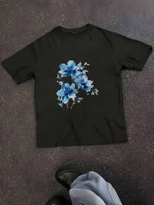 Women's Short Sleeve T-Shirt, Women's Clothing,  Floral Print T-Shirt, Cute 90s Summer T-Shirt, Casual T-Shirt. - 黑色 - 查看 6