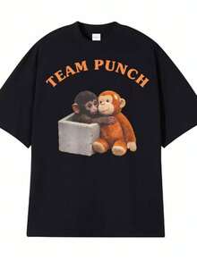 playeras de mujerPunch The Monkey Printed T Shirts Men Women Summer Fashion Harajuku High Quality T-shirt Comfort Casual O-Neck Oversized T Shirt - Negro - Ver 1