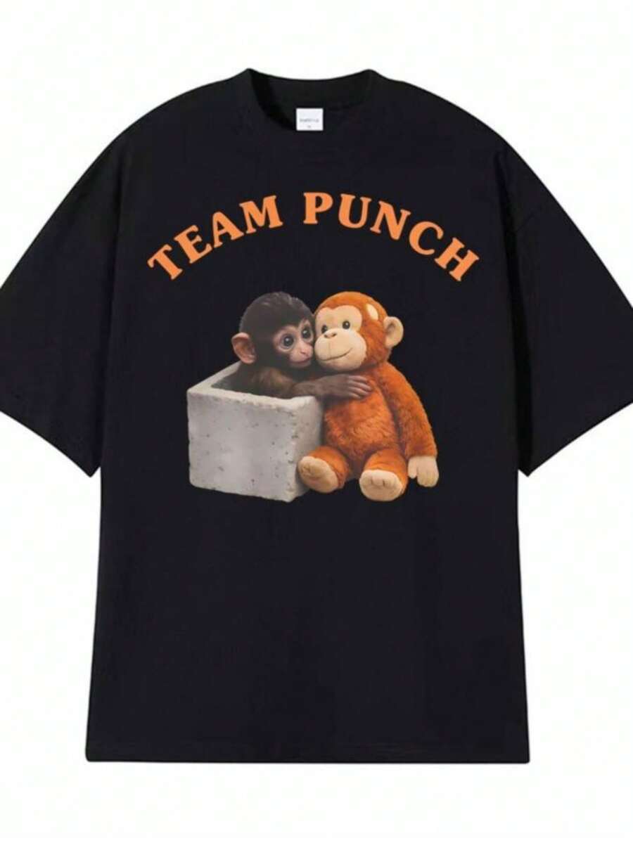 playeras de mujerPunch The Monkey Printed T Shirts Men Women Summer Fashion Harajuku High Quality T-shirt Comfort Casual O-Neck Oversized T Shirt - Negro - Ver 1