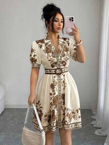 Conjunto de vestido corto de manga corta con cintura ceñida y estampado floral azul y blanco, elegante y romántico para vacaciones, primavera/verano - Multicolor 5 - Ver 3
