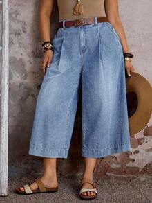 Mature Denim Jeans de pierna ancha y suelta de 7/8 de longitud con bolsillos y pliegues para mujer de talla grande - Lavado ligero - Ver 6