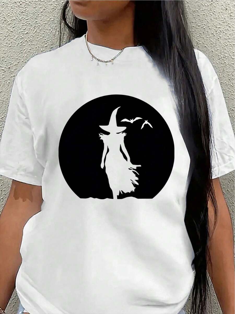 Camiseta de manga corta, ligera y duradera, con diseño de silueta de bruja, perfecta para fiestas de Halloween y salidas informales, adecuada para el hogar o entornos de comedor. - Blanco - Ver 1
