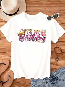 Camiseta de Cuello Redondo para Mujer con Estampado de Corona de Cumpleaños y Mariposa, Manga Corta, Ropa Casual para Fiestas y Celebraciones, Ropa Fresca de Verano para Mujer - Blanco - Ver 2