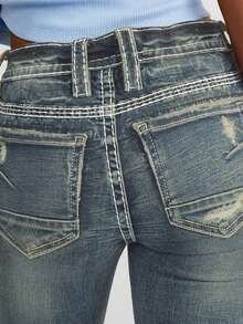 Women's Low-Rise Flared Jeans Stretch Trousers Double-Button Fly Butt-Lifting Pockets Sexy Y2K Retro Style Date Outfit - Retro Color - View 5