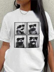 Camiseta de manga corta de poliéster con un estampado de perro genial, ligera y duradera, adecuada para uso casual en casa, en la oficina o en restaurantes, ofreciendo un ajuste cómodo para el uso diario. - Blanco - Ver 7