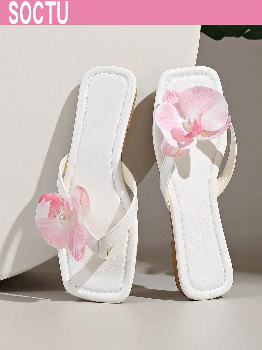 Dép xỏ ngón Plumeria dành cho nữ, dép đế bằng mũi vuông, giày đi biển mùa hè. - trắng - Xem 1