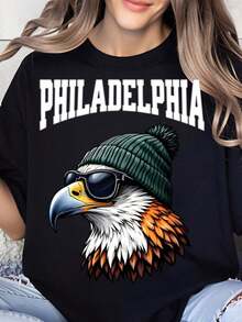 100% Pure Cotton, Women's T-Shirt With Philadelphia Eagle Design, Hat And Sunglasses, For Men And Women, Unisex Streetwear, Fashionable Gift For Football Fans, Sports Team, Casual Wear. - 黑色 - 查看 1