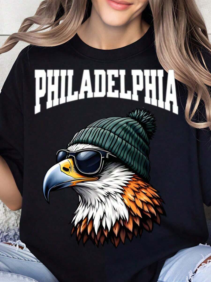 100% Pure Cotton, Women's T-Shirt With Philadelphia Eagle Design, Hat And Sunglasses, For Men And Women, Unisex Streetwear, Fashionable Gift For Football Fans, Sports Team, Casual Wear. - 黑色 - 查看 1