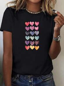Colorida Camiseta de Corazones Diseño Creativo Ropa Casual Estilo Moderno Moda  Camisetas Populares  Actuales - Negro - Ver 1