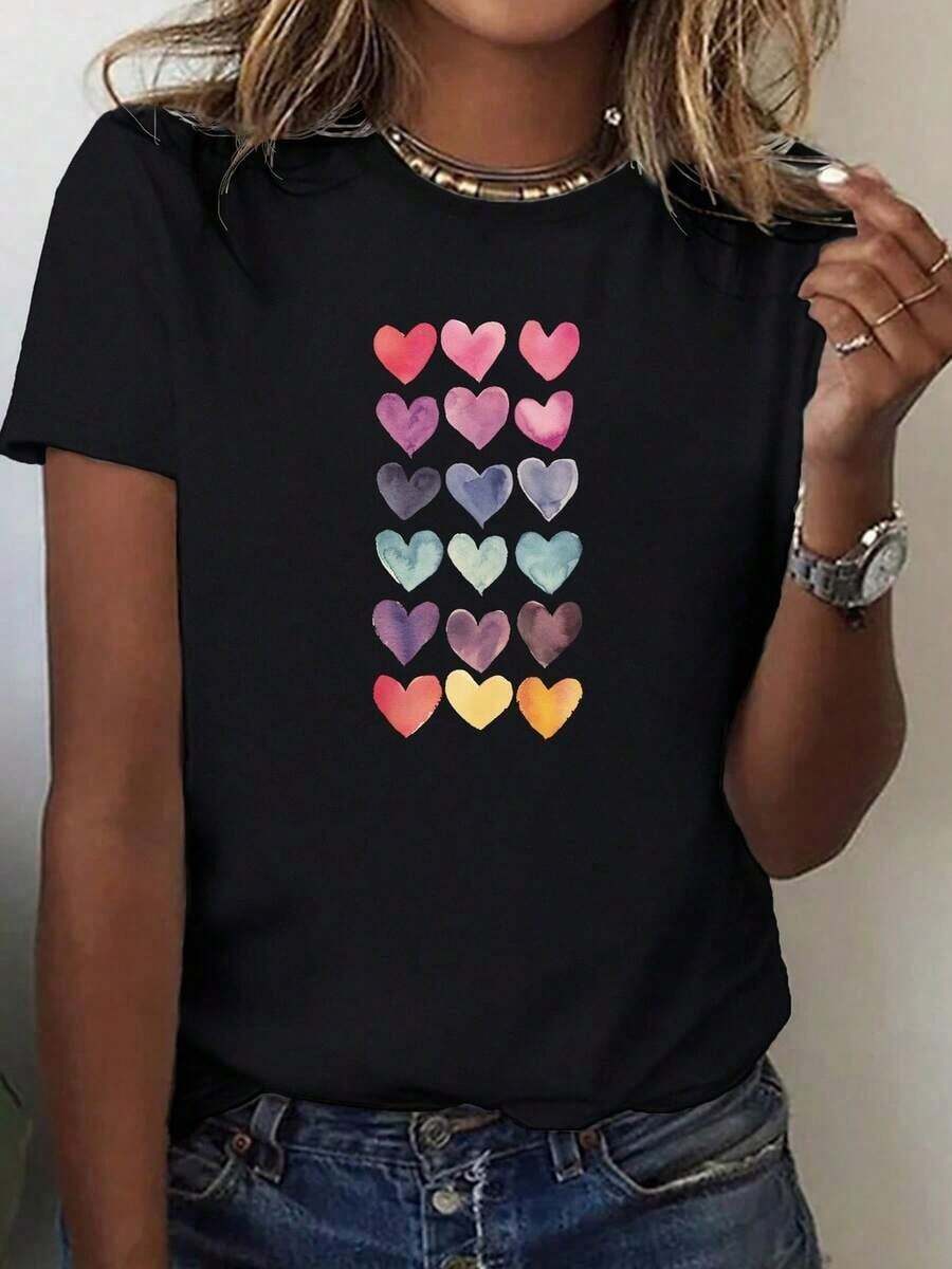 Colorida Camiseta de Corazones Diseño Creativo Ropa Casual Estilo Moderno Moda Camisetas Populares Actuales - Negro - Ver 1