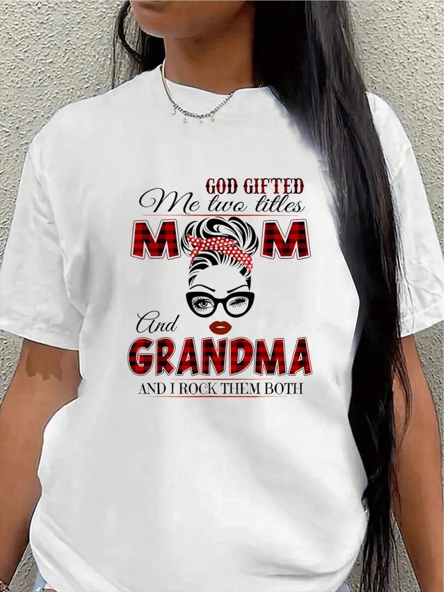 Camiseta de manga corta para mujer, con un estampado rojo que dice "Soy una persona de doble función: abuela y fashionista", adecuada para reuniones familiares y uso casual, ligera y duradera, ideal tanto para el hogar como para actividades al aire libre. blusa casual mujer - Blanco - Ver 1