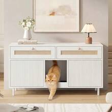 Pet Litter Box Cabinet With Mat, Rattan Pet Furniture With Drawer, Sideboard/TV Stand For Pets, Without Litter Tray, White, 120 X 50 X 65 Cm - View 4
