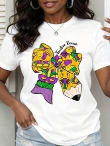 Camiseta con lazo de Mardi Gras de Teacher Krewe para mujer, blanca, con diseño gráfico en morado, verde y dorado para la celebración del festival de carnaval - Estilo vintage urbano, unisex, holgada, de algodón, manga corta, cuello redondo, 100% algodón. - Blanco - Ver 7