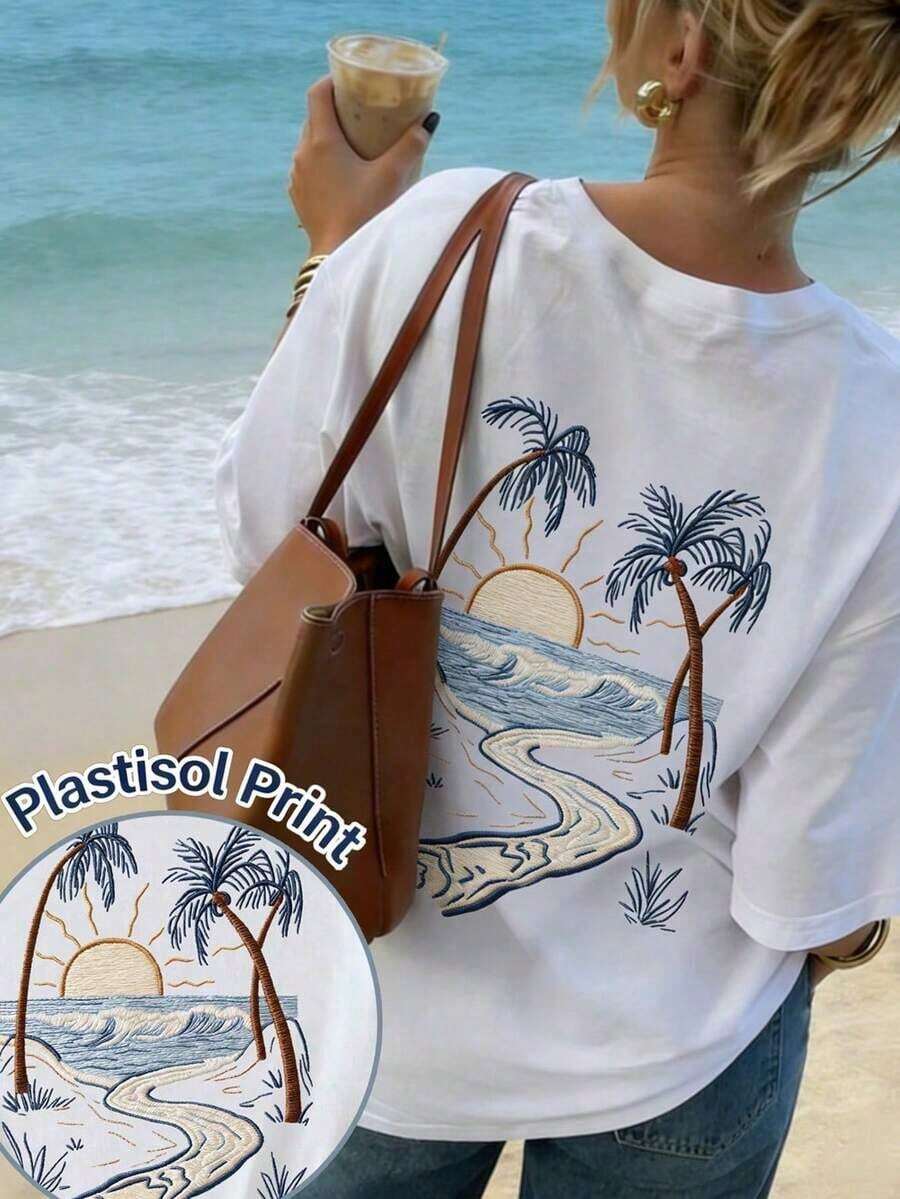Nueva Camiseta Casual de Verano con Estampado de Cocotero, Cuello Redondo y Manga Corta, Blusa Blanca Versátil y a la Moda para Mujer, Ideal para Vacaciones - Blanco - Ver 1
