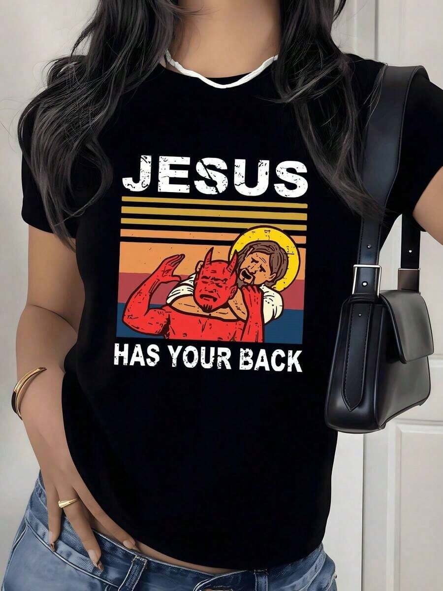 Vintage T-Shirt With Religious Graphic Print, 180g, 1 Piece, Faith-Inspired, Women's, Casual, 100% Cotton, Urban Retro Style - 黑色 - 查看 1