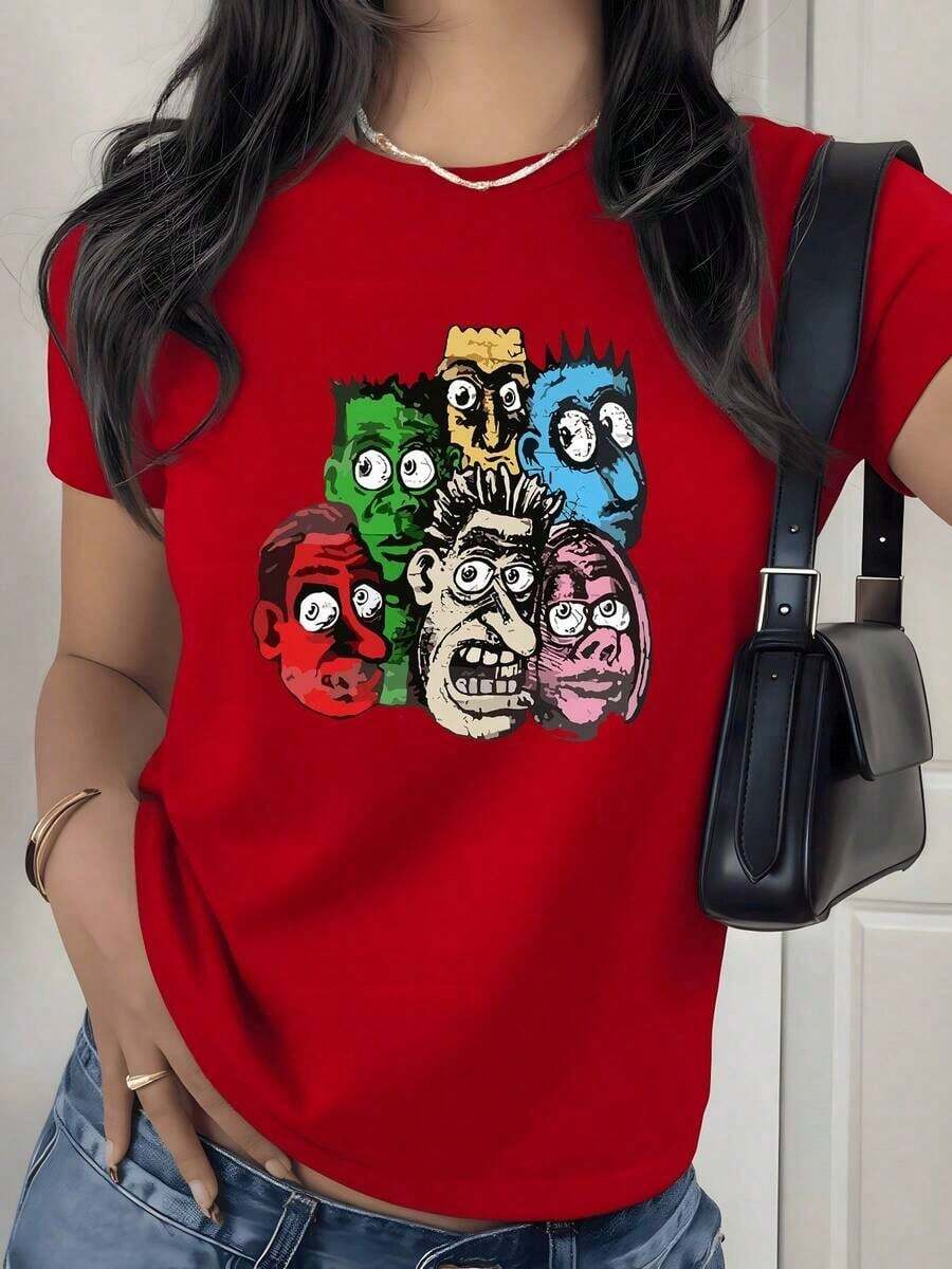 T-Shirt With Colorful Abstract Faces Graphic Print, 180g, 1 Piece, Women's Artistic Casual T-Shirt, 100% Cotton, Streetwear Style - 紅色 - 查看 1