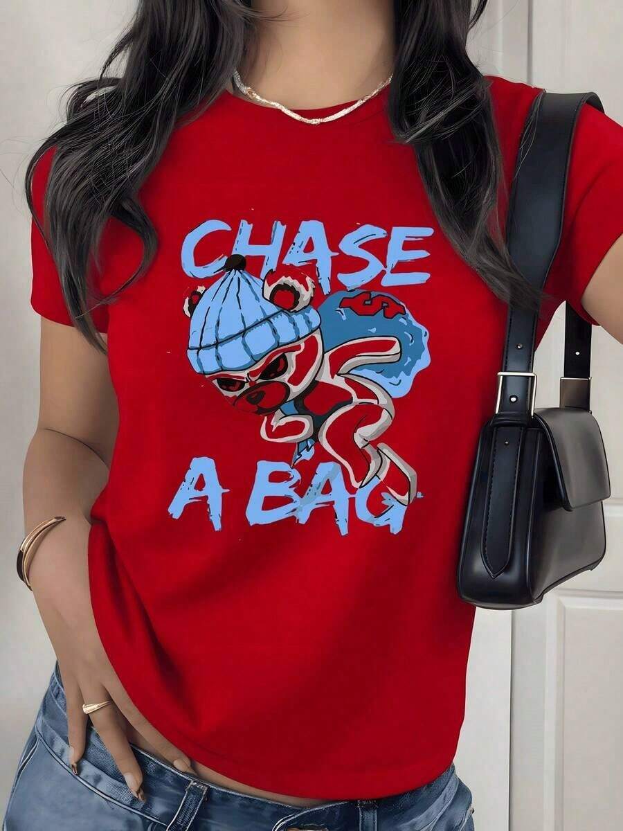 Chase Money Bear Graphic Print T-Shirt, 180g, 1 Piece, Women's Casual Streetwear, 100% Cotton, Urban Style - 紅色 - 查看 1