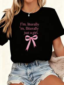 Una camiseta de manga corta para mujer, moderna, a la moda, retro, casual y holgada, adecuada para actividades al aire libre en primavera y verano.Camiseta para mujer - ligera, suave, de cuello redondo, con la frase "I'M Just a" y un diseño de lazo rosa, perfecta para un uso cómodo en verano, para ir de compras y para el uso diario.blusas para mujer,blusas casuales para dama,tops,, mujer premium,y2k,playeras de mujer curvy,ofertas y liquidaciones ropa mujer,playeras deportivas para mujer,,playeras de hombre, mujer,blusas>elegante 5R2Y - Negro - Ver 1