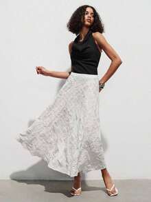 Falda acampanada con bordado de cuadros para mujer, primavera/verano - Blanco - Ver 7