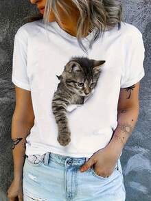 Camiseta casual de manga corta con cuello redondo y un lindo diseño de gato - Blanco - Ver 1