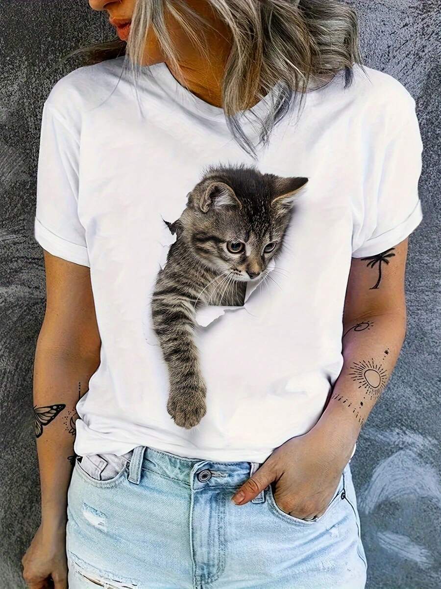 Camiseta casual de manga corta con cuello redondo y un lindo diseño de gato - Blanco - Ver 1