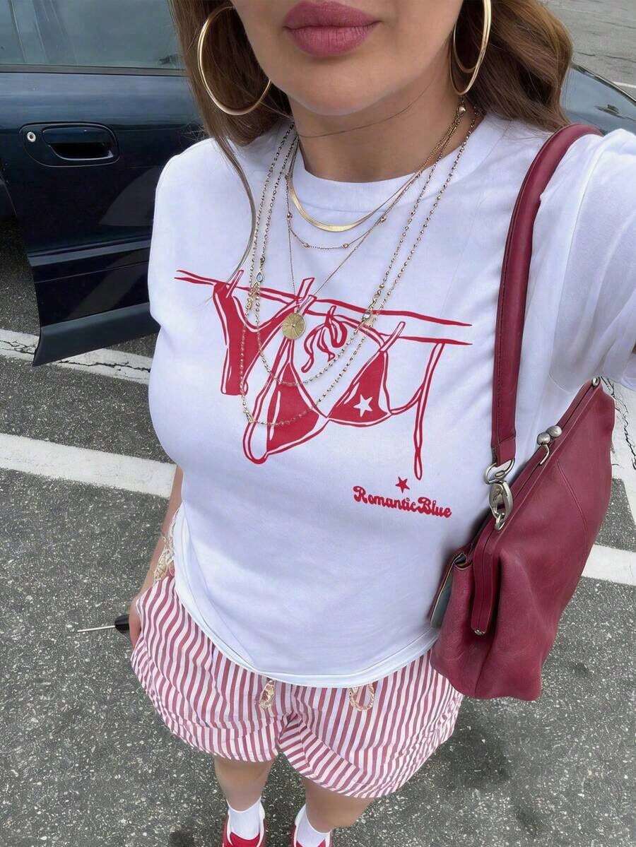 Camiseta de manga corta con cuello redondo estilo Y2K para mujer, tela cómoda y transpirable, adecuada para salidas de primavera/verano, silueta ajustada que realza la figura, la mejor opción para viajes de vacaciones, color blanco. - Blanco - Ver 1