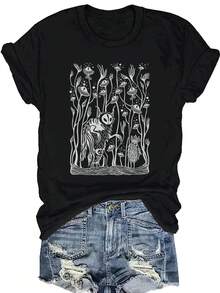 Women's T-shirt Top de manga corta para mujer con estampado gráfico y cuello redondo ajustado. - Negro - Ver 7