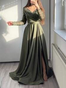 Vestido largo encaje verde elegante con volantes escote bandejo cintura media estilo fiesta moda mujer - Verde Oscuro - Ver 3