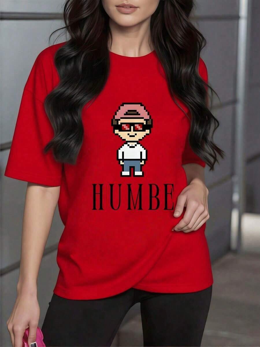 Soft Pixelated Figure Of A Boy With Red Glasses And A Cap Symbolizing Youthful Attitude And Modern Digital Connection. Women's T-Shirt, 100% Cotton, Comfortable And Versatile For Everyday Wear. New Summer Women's T-Shirt, Casual And Comfortable Crew Neck Top - 紅色的 - 查看 1
