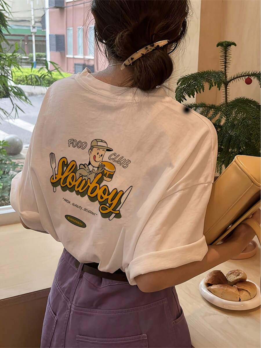 ropa de mujer 1 pieza Camiseta de manga corta holgada informal de verano con estampado de dibujos animados americanos, 100% cuello redondo con diseño gráfico retro, corte holgado para un estilo divertido y atractivo, camisetas lindas, camisas de mujer - Blanco - Ver 1
