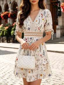 Vestido de mujer con estampado floral, cuello en V, manga corta y parches de encaje - Albaricoque - Ver 3