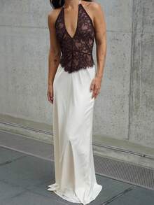 Vestido nueva llegada satén y encaje, cuello colgante con calado elegante - Negro mate - Ver 1