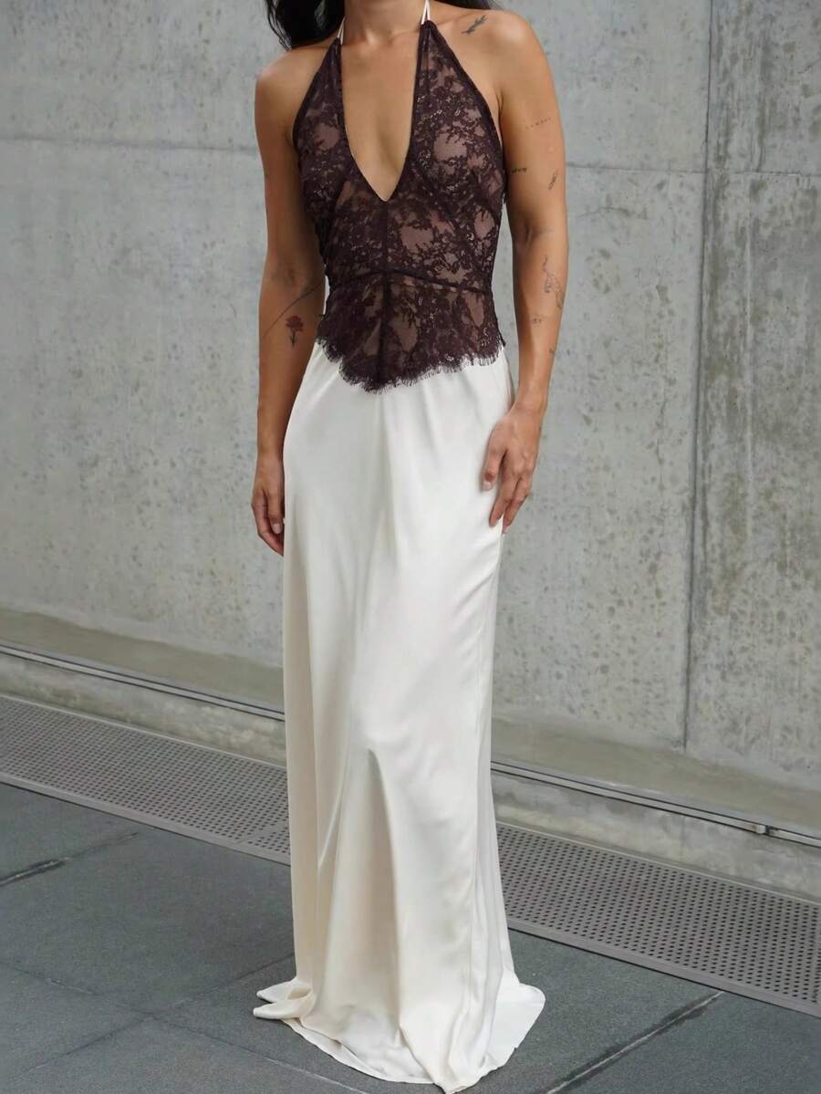 Vestido nueva llegada satén y encaje, cuello colgante con calado elegante - Negro mate - Ver 1