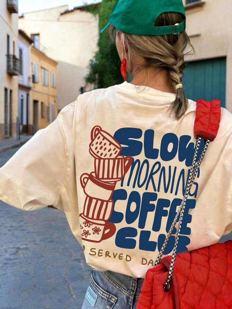 Camiseta de manga corta de cuello redondo con estampado de letras de moda sencilla, versátil para uso diario de mujer Ropa deportiva estilo Y2K, cuello redondo, 100% algodón, tejido suave, manga corta. - Albaricoque - Ver 1