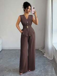 Conjunto de dos piezas de pantalones acampanados con cintura elástica y cinturón, cuello en V, frente abierto, plisado y bajo asimétrico, de tela similar al lino, para mujer, para primavera/verano, elegante, casual, para ir al trabajo, vacaciones, tarde de té - Marrón - Ver 3