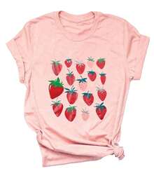 [National Shipping] VILOVE Camisetas Gráficas Lindas de Fresas para Mujer, Camisetas con Estampado de Frutas, Ropa Estilo Cottagecore, Camiseta de Cuello Redondo, Camisetas de Jardín - Estilo - Ver 8