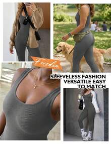 Jumpsuit For Women Workout Seamless Jumpsuits Yoga Ribbed One Piece Tank Tops Rompers Sleeveless Exercise Jumpsuits,Local Delivery - dark gray - View 5