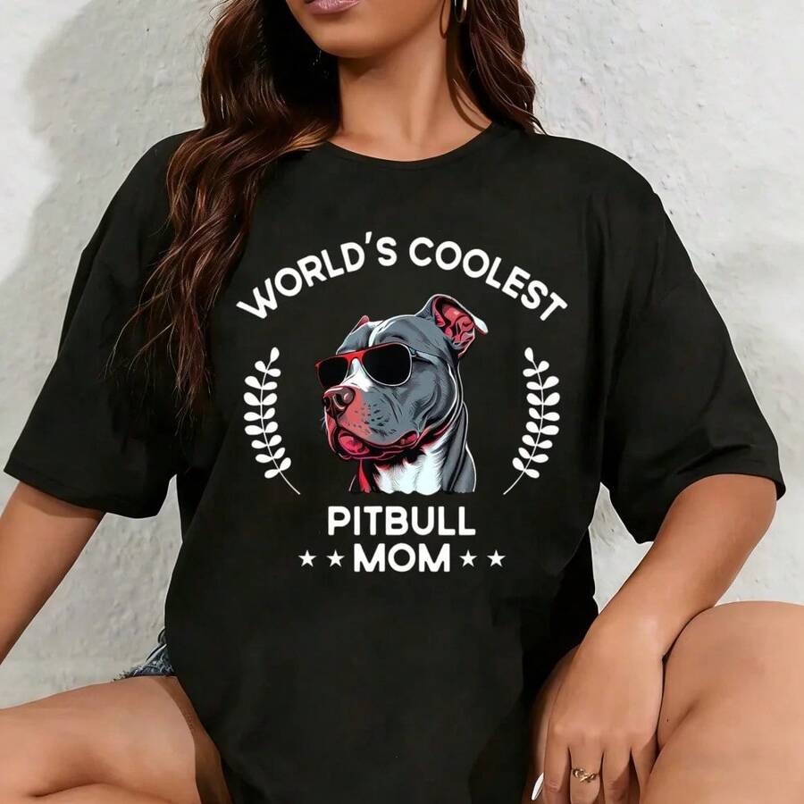 Camiseta 100% Algodón Unisex para Mujer, "La Mamá de Perros Más Genial del Mundo" - Pitbull - Negro - Ver 1