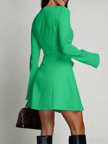 Mini Dress With Long Sleeves, Round Neck With Bow And Defined Waist - 墨綠色 - 查看 3