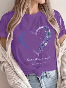 Camiseta de manga corta con cuello redondo y estampado de corazones, estilo europeo y americano, para mujer, tipo pullover deportivo. EJGJ - Morado - Ver 6