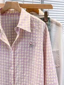 Camisa casual de mujer a cuadros rosa, camisa de manga larga con hombros descubiertos, cuello de camisa, parte delantera con botones, de ajuste regular de poliéster - Rosa - Ver 9