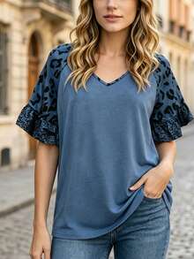Women's Leopard Print Raglan-Sleeve V-Neck T-Shirt With Ruffle Details - Medium Stretch, Ideal For Casual Summer Wear. - Blue - View 3