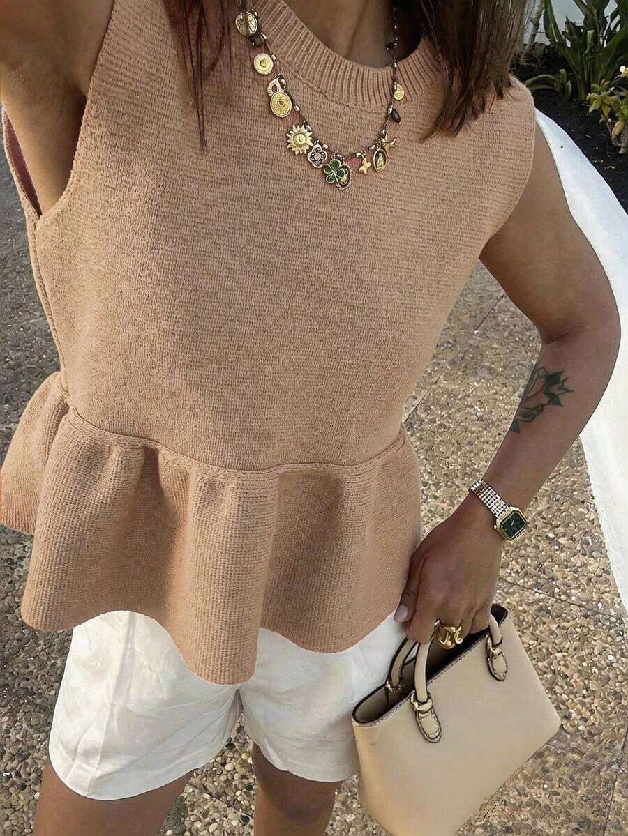 Blusa sin mangas de punto para mujer, estilo minimalista casual, unicolor, bajo con volantes, favorecedora, adecuada para ir a trabajar, citas, vacaciones, tiempo libre - Beis - Ver 1
