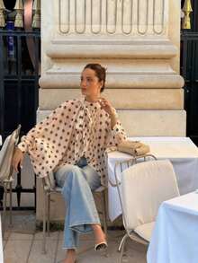 Fashionable Women's Shirt – Elegant And Casual – Sky Blue Polka Dot Print – Bow Tie, Lantern Sleeves, Loose Fit, Pleated And Semi-Sheer – Perfect For Summer - 酒紅色 - 查看 1
