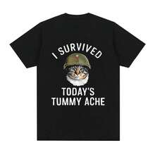 Camiseta informal negra de manga corta con cuello redondo y estampado gráfico de gato "Sobreviví al dolor de estómago de hoy" para mujer, con un ligero toque elástico. - Blanco - Ver 1