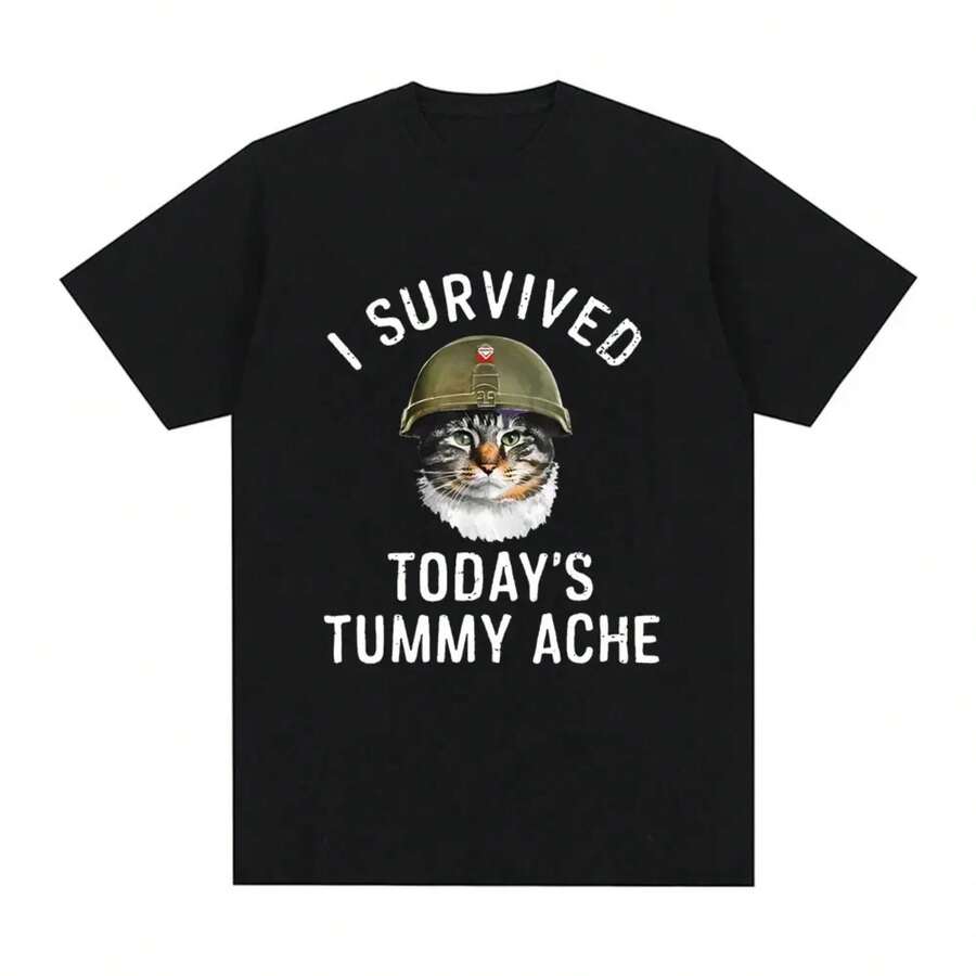 Camiseta informal negra de manga corta con cuello redondo y estampado gráfico de gato "Sobreviví al dolor de estómago de hoy" para mujer, con un ligero toque elástico. - Blanco - Ver 1