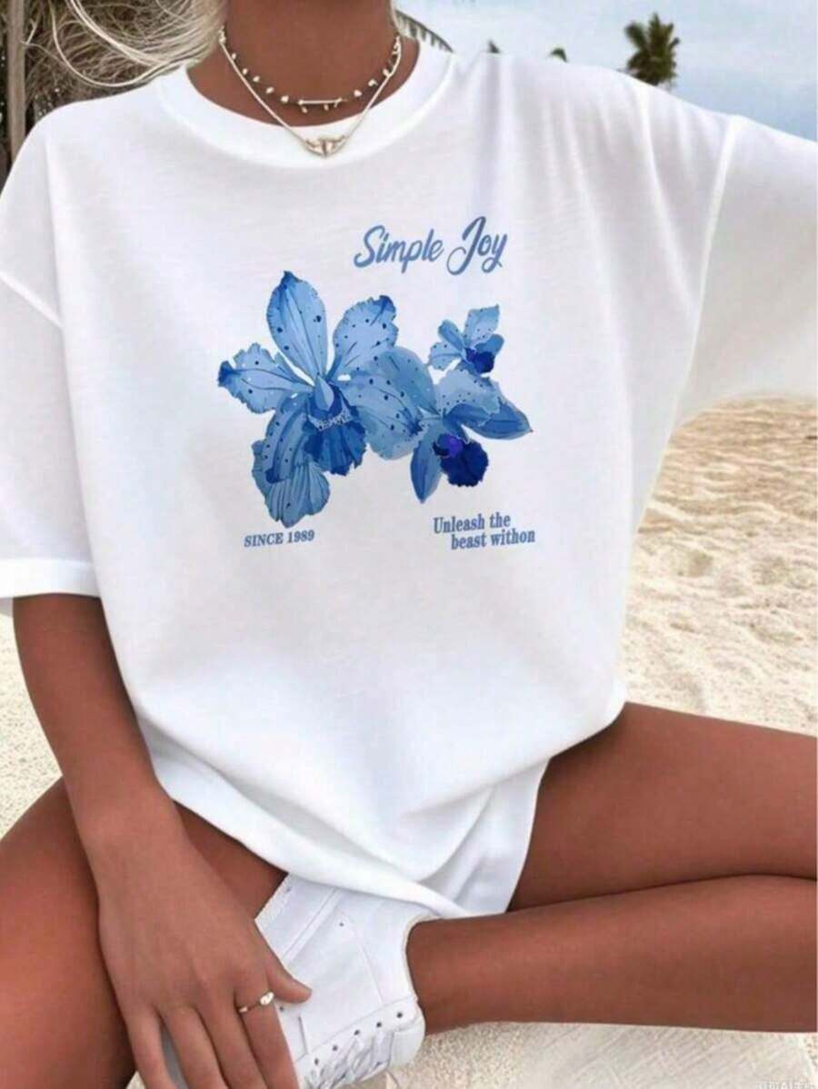 1 pieza Camisa Estampada para Mujer Simple Joy Tradicional Regreso a Clases Comodidad y Estilo Camisa Praiana 180g 100% Algodón - Blanco - Ver 1